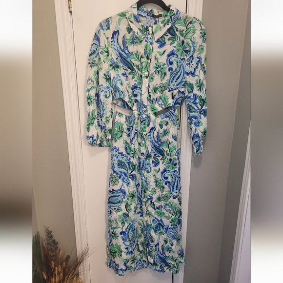 Zara Blue and Green Cut Out Midi Shirt Dress Size Medium (Bloggers Favorite) - Picture 9 of 16